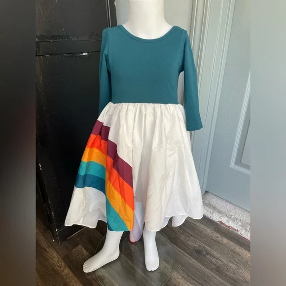 Oopsie Daisy White Rainbow Stripe Hi-Low Dress Girls long sleeve 4T - Picture 2 of 10